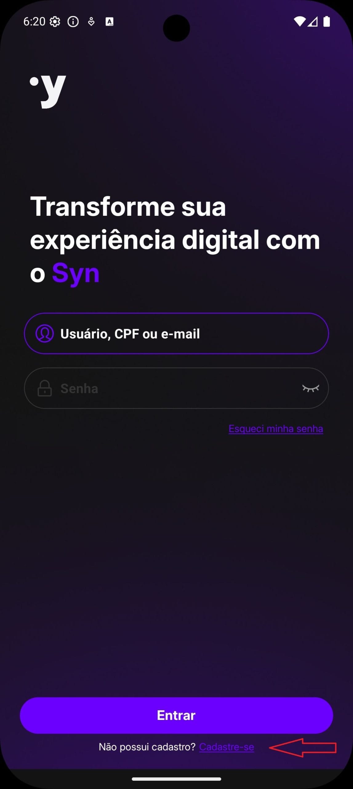 Tela app SYN para se cadastrar no aplicativo da syngular id