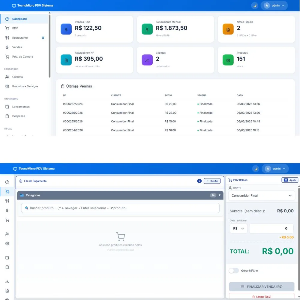 Interface do sistema PDV TecnoMicro mostrando menu principal com módulos de vendas e estoque
