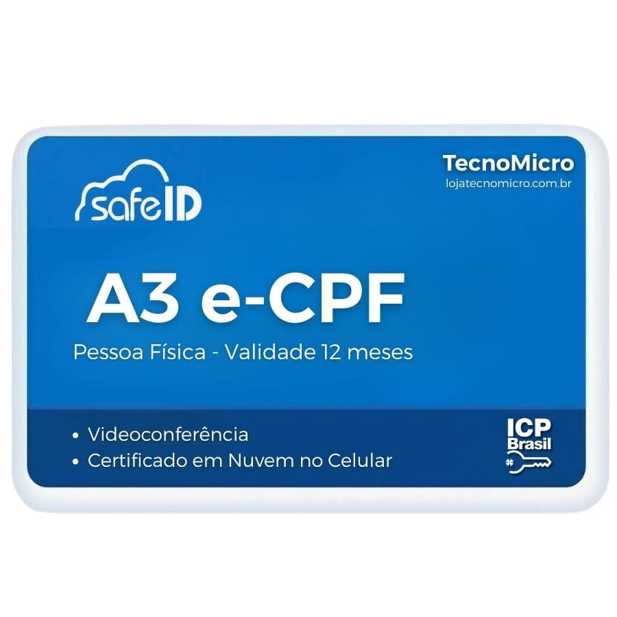 Safeid A3 CPF 1 Ano Nuvem Certificado Digital A3 CPF com validade de 1 ano armazenado na nuvem - seguro e portátil